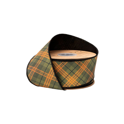 2 1/2" wired dupioni ribbon, fall‑toned green‑orange bias plaid with black backing for rustic autumn decor