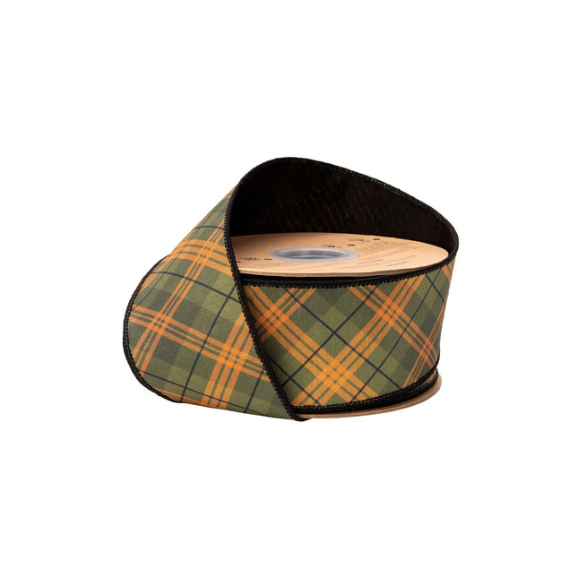 2 1/2" wired dupioni ribbon, fall‑toned green‑orange bias plaid with black backing for rustic autumn decor