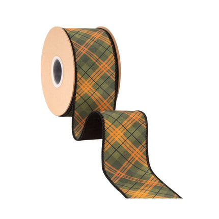 Rustic autumn check wired ribbon,deep green‑orange plaid pattern and solid black backing