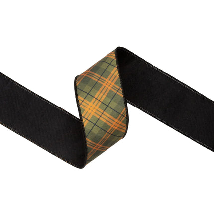 wired dupioni ribbon with fall‑colored bias plaid print, warm earth‑tone palette and black backing for wreaths