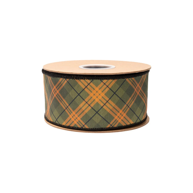 Olive green wired ribbon with warm orange diagonal plaid,  with sleek black reverse side