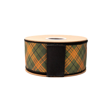 2 1/2" fall‑hued bias plaid dupioni ribbon, wired edge, earthy seasonal tartan design with black backing