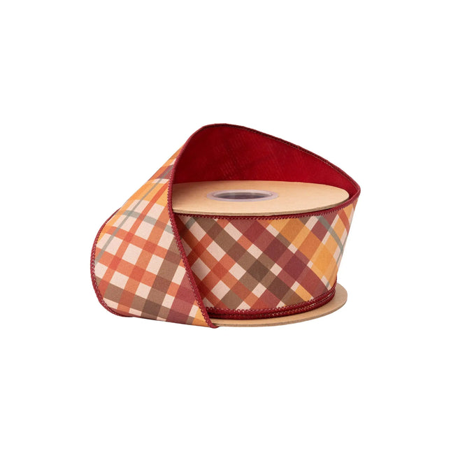 2 1/2" wired dupioni ribbon, red and orange fall‑toned bias plaid with red backing for warm seasonal decor