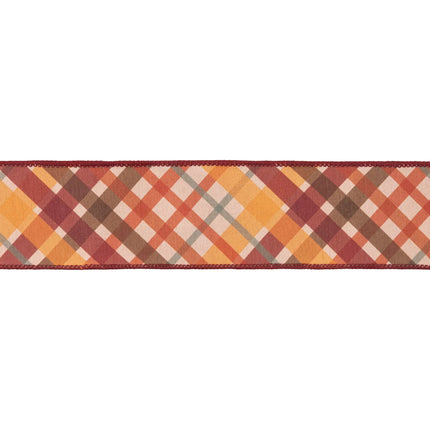 Classic fall plaid ribbon, dupioni fabric featuring seasonal diagonal plaid and bold red backing
