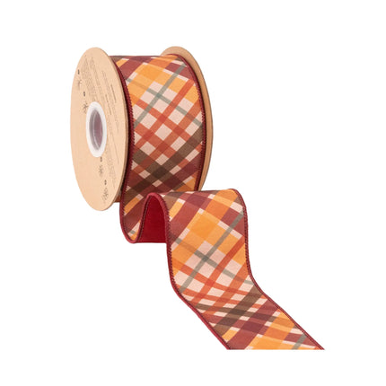 Harvest‑themed check wired ribbon,  warm red‑orange multi‑tonal plaid and solid red backing