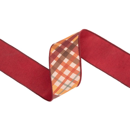 wired dupioni ribbon with red orange bias plaid print, cozy fall palette and red backing for wreath crafts