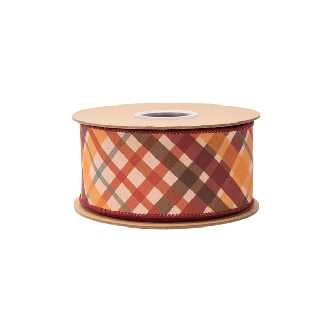 Earth‑tone diagonal plaid wired ribbon, with rich red‑orange hues and red reverse side