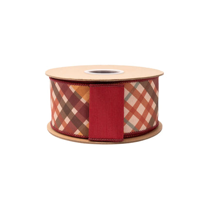 2 1/2" red‑orange bias plaid dupioni ribbon, rustic autumn tartan design with matching red backing