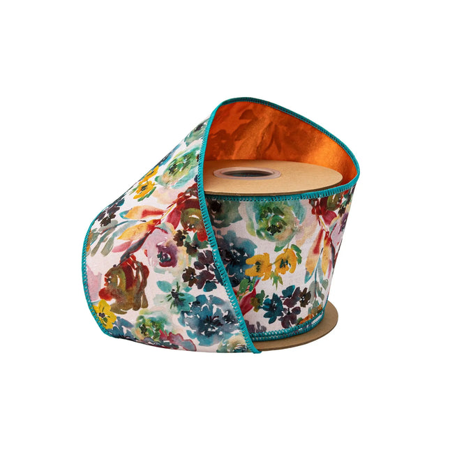 4" wired dupioni ribbon, vibrant aqua‑orange watercolor floral print with satin orange backing 