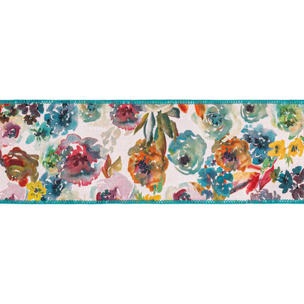 Bold spring‑summer decorative ribbon, dupioni fabric featuring watercolor florals and orange satin backing