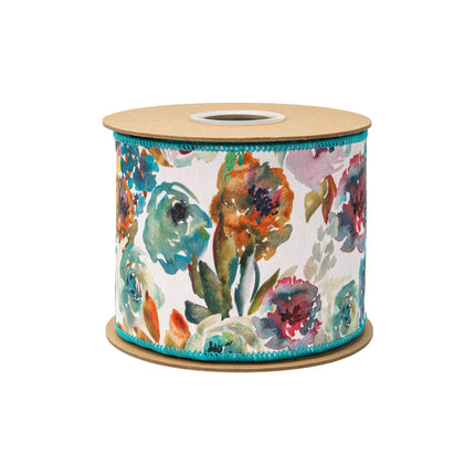 White‑based wired ribbon with mixed‑tone aqua and orange flowers, with luxe orange satin reverse
