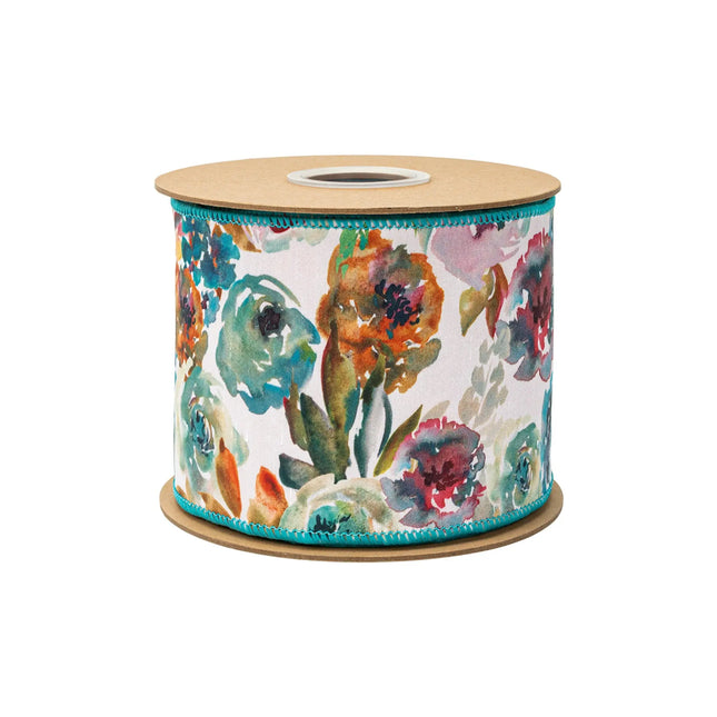 White‑based wired ribbon with mixed‑tone aqua and orange flowers, with luxe orange satin reverse