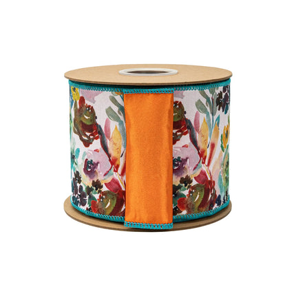 4" colorful floral dupioni ribbon, artistic aqua‑orange bloom design paired with satin orange backing