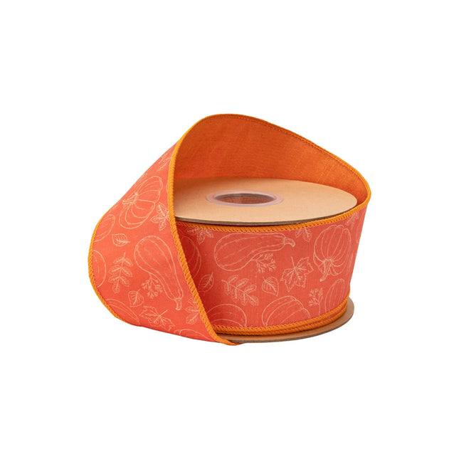 2 1/2" wired dupioni ribbon, white linework gourds and leaves on orange with orange backing