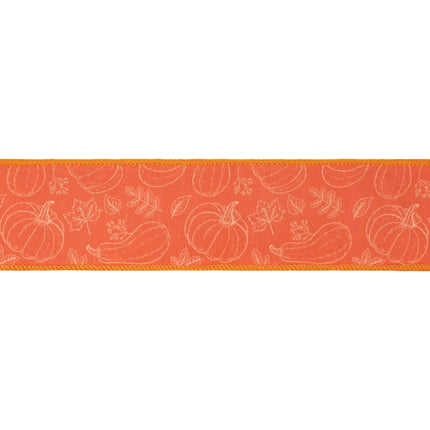 Rustic autumn ribbon, dupioni fabric featuring delicate pumpkin‑gourd line art and orange backing