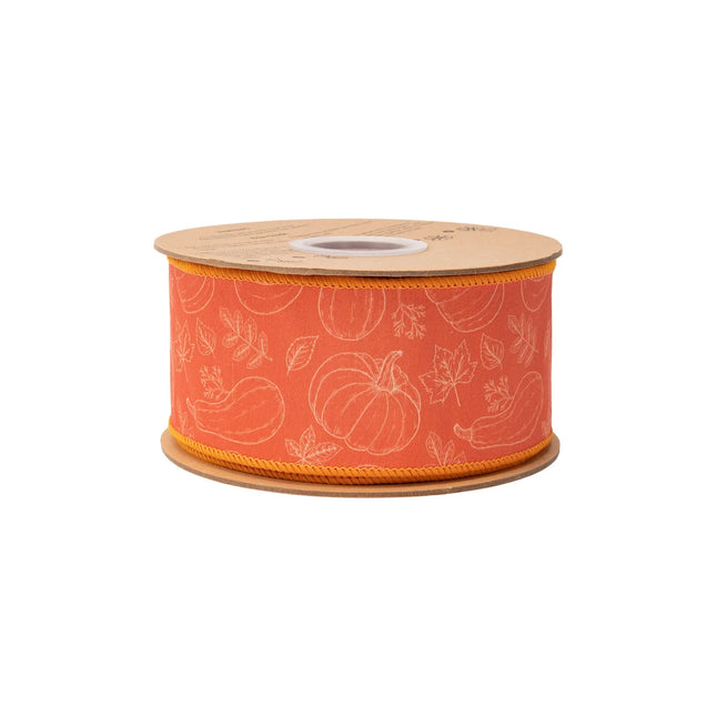 Solid orange wired ribbon with subtle pumpkin‑gourd sketch print, width with matching orange reverse side