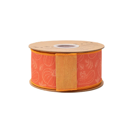 2 1/2" fall gourd line art dupioni ribbon, minimalist white squash‑leaf design on orange base with orange backing