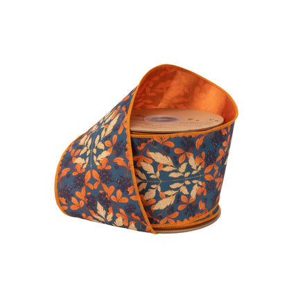 4" wired dupioni ribbon, orange‑cream autumn leaf & berry print on navy blue with satin orange backing