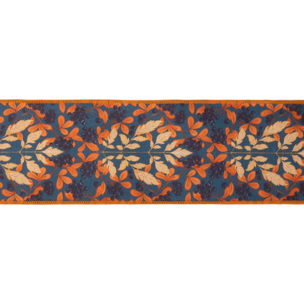 Luxe seasonal ribbon, dupioni fabric featuring autumn leaves, berries and premium orange satin backing
