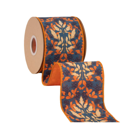 Vintage harvest wired ribbon,blue background with flame‑toned orange cream botanicals and orange satin backing
