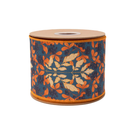 Navy blue wired ribbon with vibrant orange cream foliage‑berry pattern, featuring luxe orange satin reverse