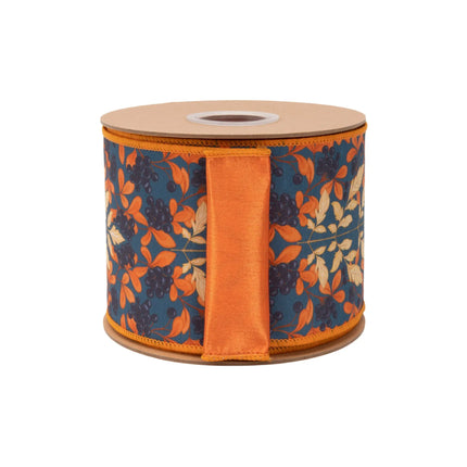 4" fall botanical dupioni ribbon, warm orange‑cream leaf‑berry design on deep blue base with satin orange backing