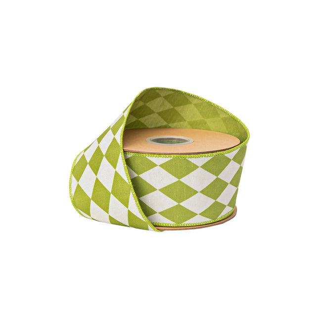2 1/2" wired dupioni ribbon with green diamonds on cream and green backing, great for wreaths.