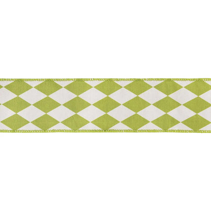 Cream wired ribbon with green diamond pattern and green backing, ideal for festive bows.