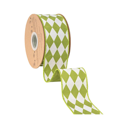 2.5-inch dupioni ribbon with green diamond print and green backing, great for party decor.