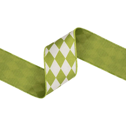 Bright green diamond wired ribbon with cream background, suited for spring home accents.