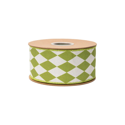 2 1/2" wired dupioni ribbon featuring green diamonds on cream, ideal for gift wrapping.