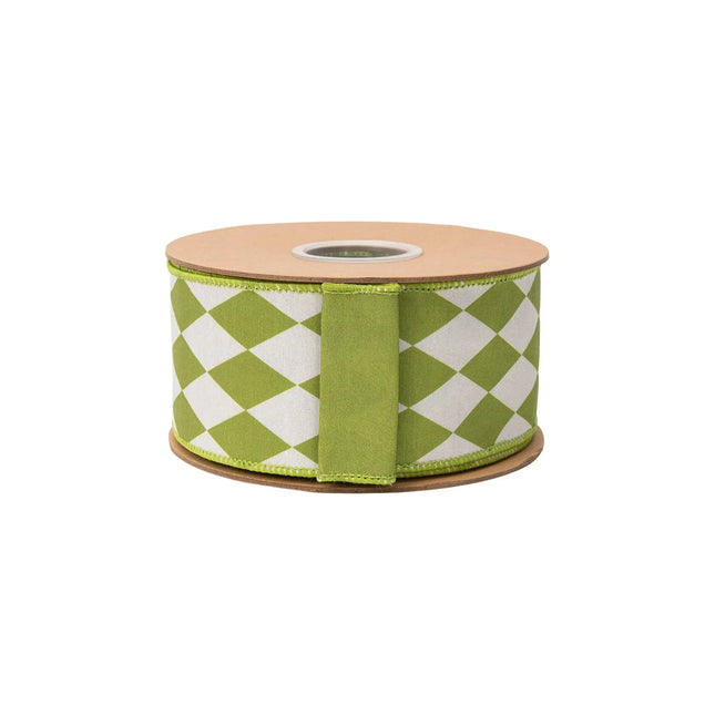 Green diamond pattern dupioni ribbon, 2.5-inch wired with green backing, perfect for crafts.