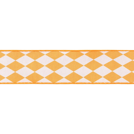 2 1/2" wired cream ribbon with orange diamond pattern and orange backing, ideal for festive bows.