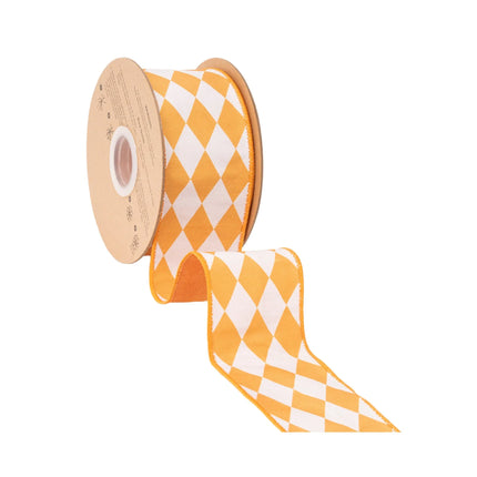 Orange diamond pattern dupioni ribbon, 2.5-inch wired with orange backing, perfect for crafts.