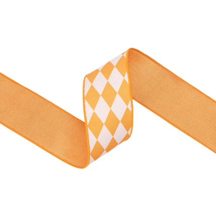 2 1/2" wired dupioni ribbon featuring orange diamonds on cream, ideal for gift wrapping.