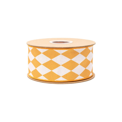 Bright orange diamond wired ribbon with cream background, suited for seasonal home accents.