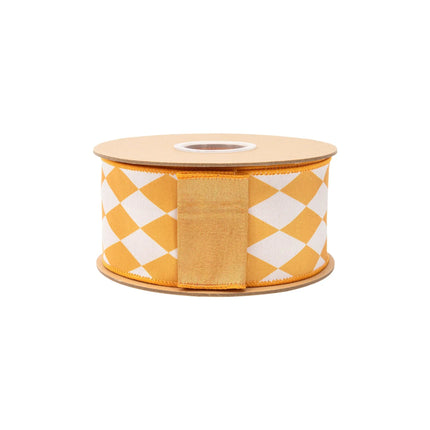 2.5-inch dupioni ribbon with orange diamond print and orange backing, great for party decor.