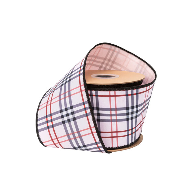 4" wired dupioni ribbon, light pink fashion plaid pattern with pink backing for chic modern seasonal decor