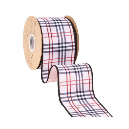 Contemporary fashion check wired ribbon, clean white background with classic plaid and solid pink backing