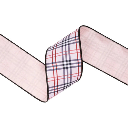 wired dupioni ribbon with light pink fashion plaid print, sleek urban‑style pattern and pink backing for wreaths