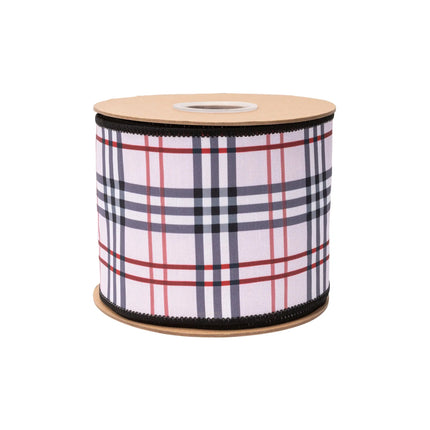 White‑based wired ribbon with red‑black‑grey fashion plaid, with soft pink reverse side