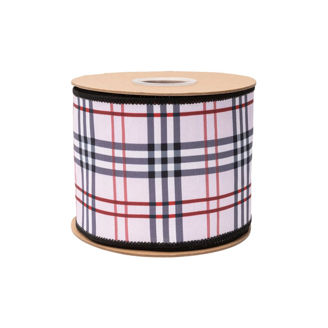 Whiteâ€‘based wired ribbon with redâ€‘blackâ€‘grey fashion plaid, with soft pink reverse side