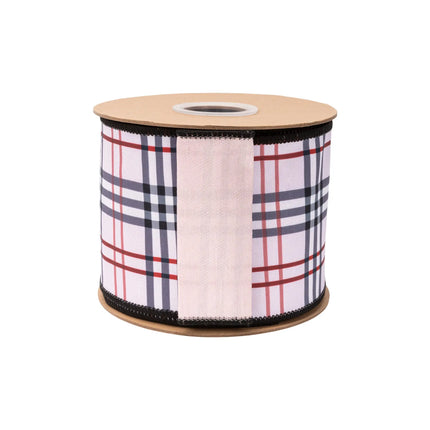 4" light pink fashion tartan dupioni ribbon, wired edge, stylish multi‑line plaid design with matching pink backing