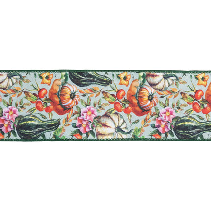 Whimsical fall decorative ribbon, dupioni fabric featuring pumpkins, gourds and botanicals with green backing
