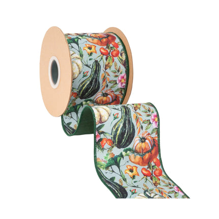 Nature‑themed autumn wired ribbon, light green background with mixed gourds, blooms and solid green backing