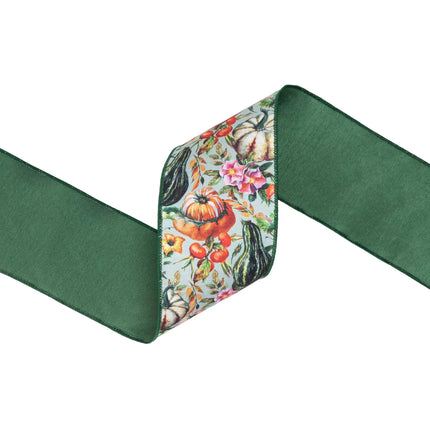 4" wired dupioni ribbon with painted gourd print, soft green tone and green backing for fall wreath crafts