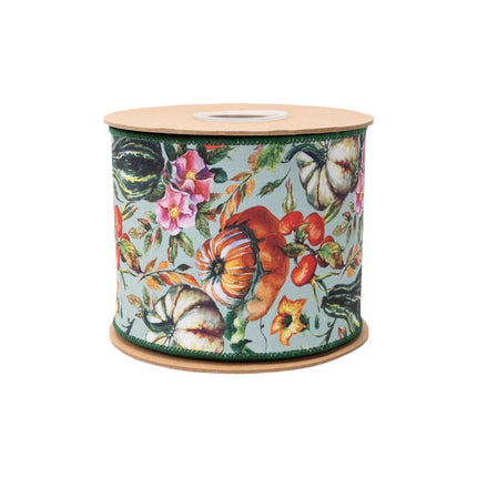 Sage green wired ribbon with vibrant pumpkin‑gourd botanical print, with matching green reverse side