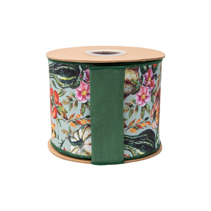 4" harvest gourd dupioni ribbon, wired edge, detailed fall squash‑flower design on green base with green backing