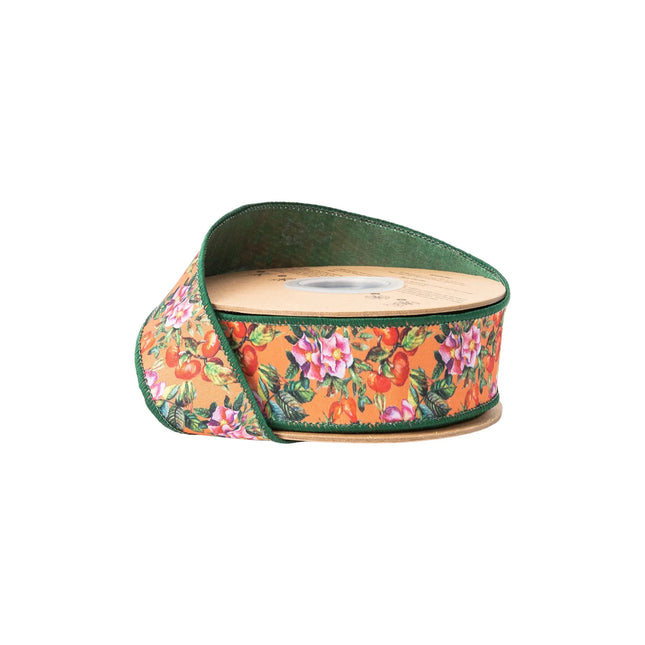 1 1/2" wired dupioni ribbon, fall floral and berry print on orange with green backing for warm autumn decor