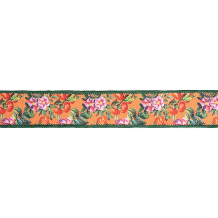 Cozy autumn decorative ribbon, dupioni fabric featuring flowers, berries and rich green backing